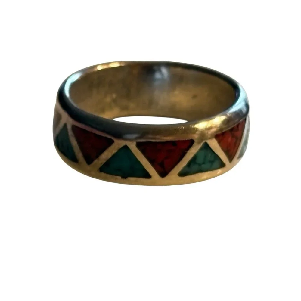 Navajo Chip Inlay Ring 925 Silver Turquoise‎ & Coral Ted Ott Size 7.5 Vintage